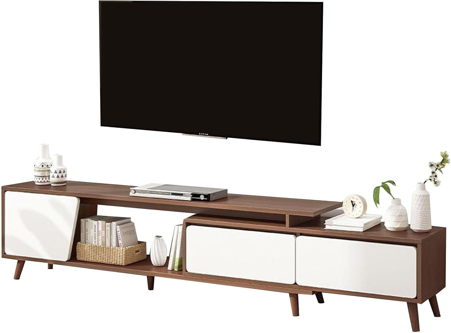 کمد تلویزیون Beauenty مناسب برای تلویزیون‌های 50 تا 70 اینچ، میز تلویزیون با 2 کشو، طراحی مدرن، میز کنسول تلویزیون چوبی، پایه تلویزیون قابل تنظیم با ابعاد طول 220 × عرض 30 × ارتفاع 43 سانتی‌متر (Style 1) 760