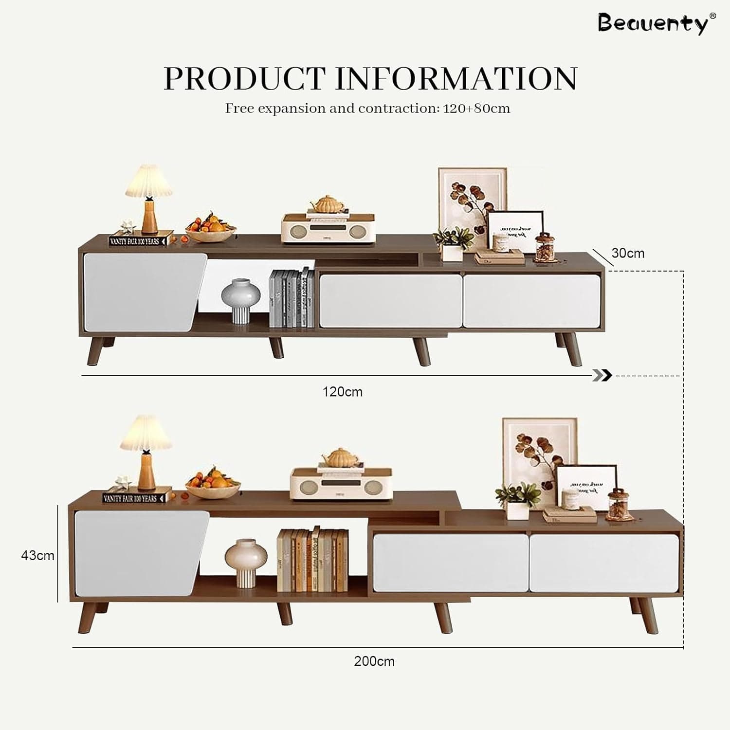 کمد تلویزیون Beauenty مناسب برای تلویزیون‌های 50 تا 70 اینچ، میز تلویزیون با 2 کشو، طراحی مدرن، میز کنسول تلویزیون چوبی، پایه تلویزیون قابل تنظیم با ابعاد طول 220 × عرض 30 × ارتفاع 43 سانتی‌متر (Style 1) 761