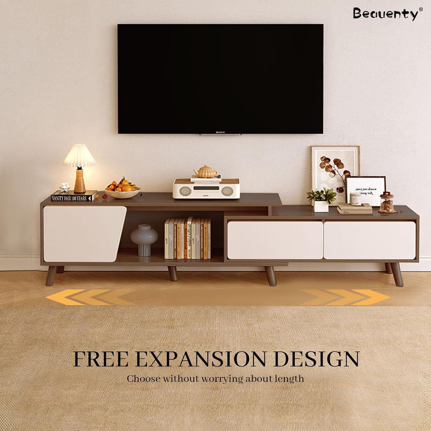 کمد تلویزیون Beauenty مناسب برای تلویزیون‌های 50 تا 70 اینچ، میز تلویزیون با 2 کشو، طراحی مدرن، میز کنسول تلویزیون چوبی، پایه تلویزیون قابل تنظیم با ابعاد طول 220 × عرض 30 × ارتفاع 43 سانتی‌متر (Style 1) 764