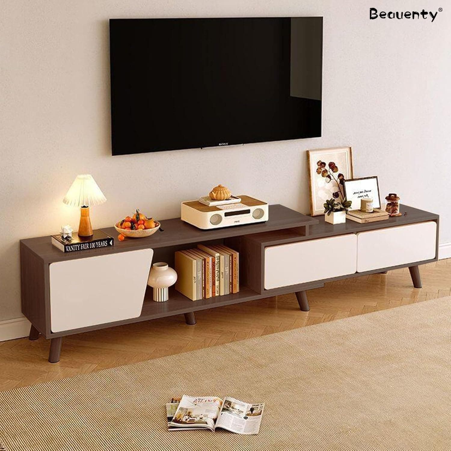 کمد تلویزیون Beauenty مناسب برای تلویزیون‌های 50 تا 70 اینچ، میز تلویزیون با 2 کشو، طراحی مدرن، میز کنسول تلویزیون چوبی، پایه تلویزیون قابل تنظیم با ابعاد طول 220 × عرض 30 × ارتفاع 43 سانتی‌متر (Style 1) 765