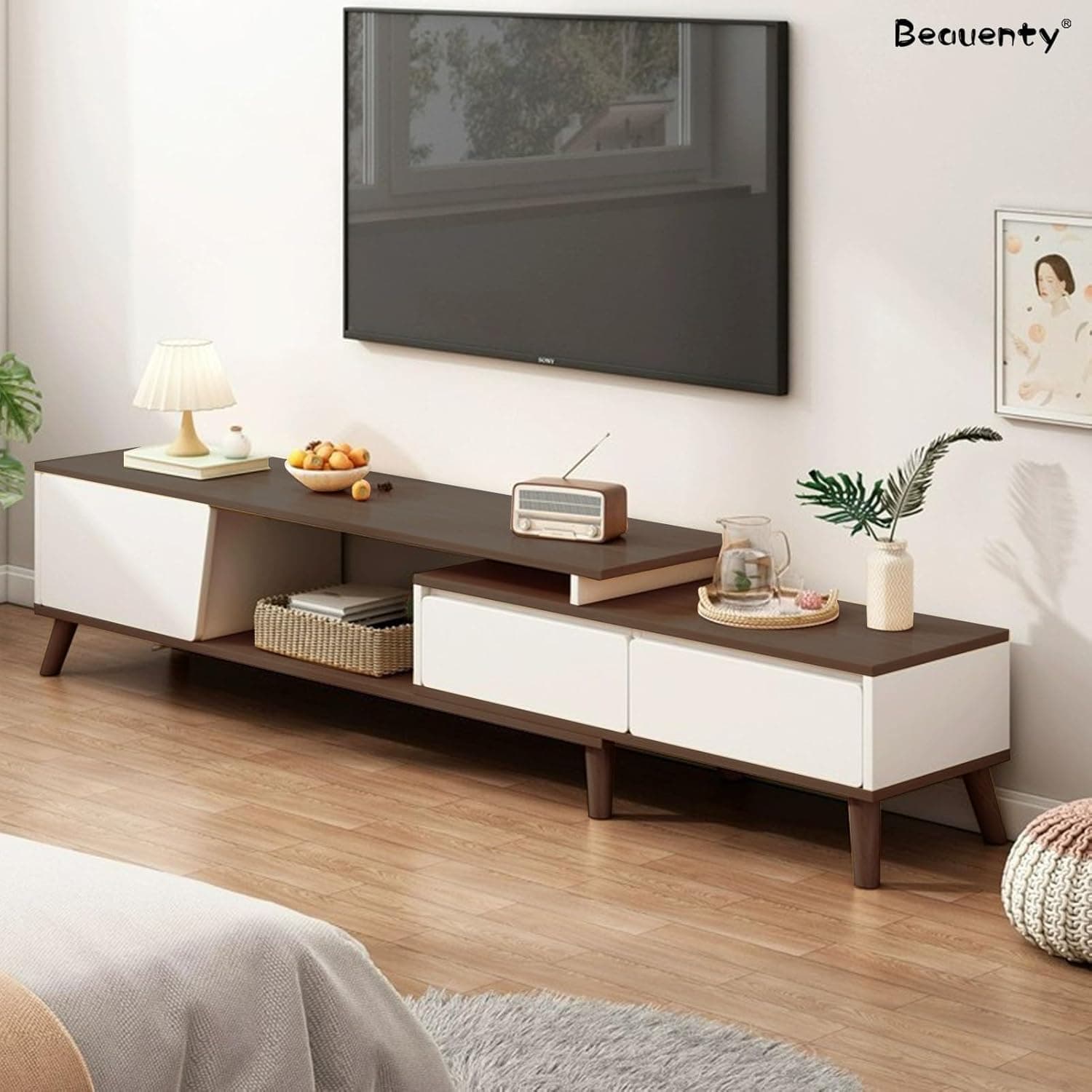 کمد تلویزیون Beauenty مناسب برای تلویزیون‌های 50 تا 70 اینچ، میز تلویزیون با 2 کشو، طراحی مدرن، میز کنسول تلویزیون چوبی، پایه تلویزیون قابل تنظیم با ابعاد طول 220 × عرض 30 × ارتفاع 43 سانتی‌متر (Style 1) 766