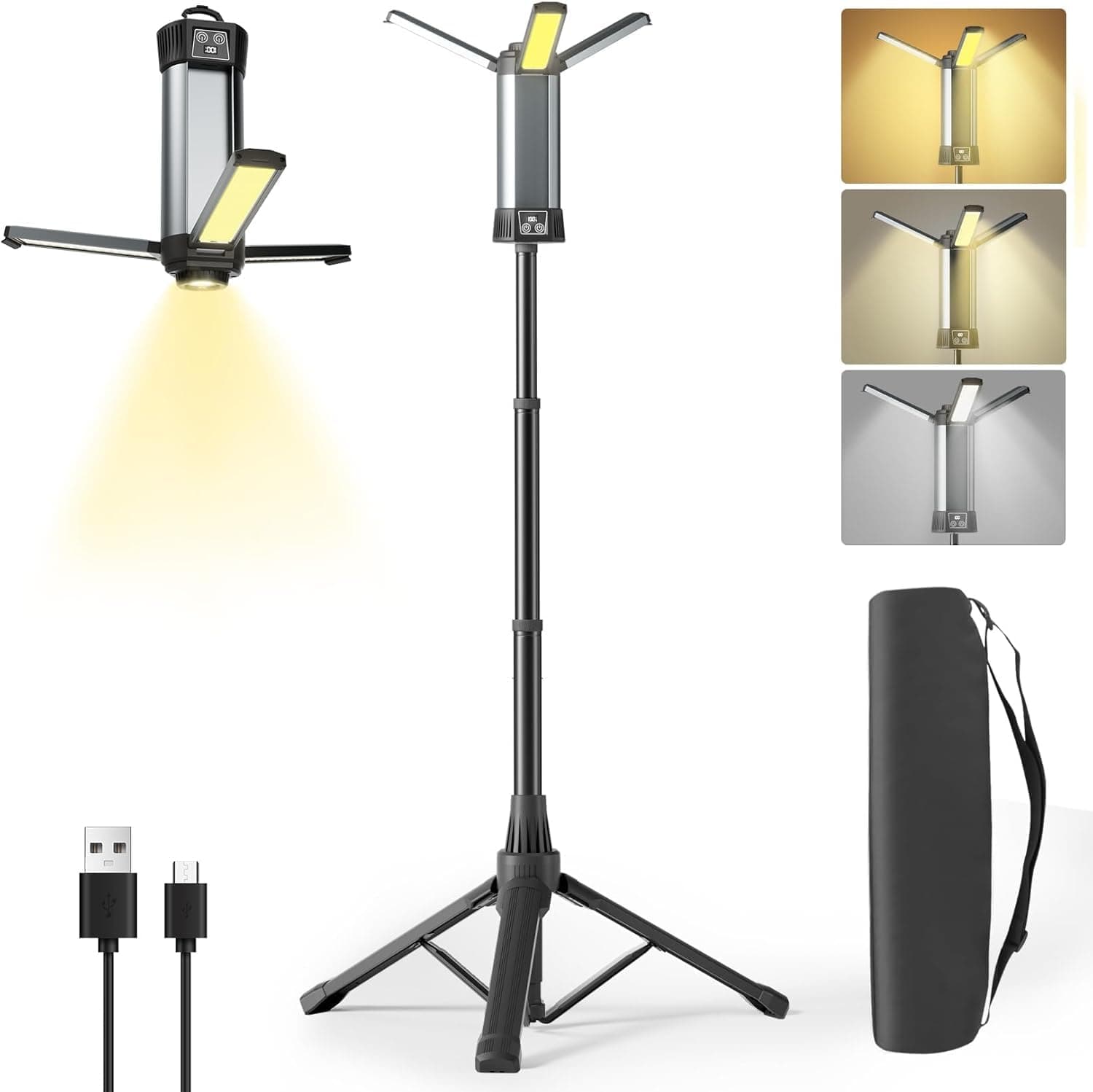 چراغ کار قابل شارژ و چراغ کمپینگ فضای باز – دارای نور LED بی‌سیم با پایه ایستاده قابل جدا شدن (Tripod)، قلاب آویز و کیف حمل، با قابلیت تنظیم روشنایی تا ۵۰۰ / ۱۰۰۰ / ۲۰۰۰ لومن و دمای رنگ قابل تغییر بین ۳۵۰۰ تا ۶۵۰۰ کلوین (Dimmable).