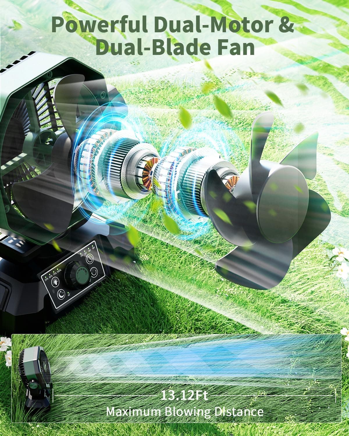 پنکه کمپینگ coldSky با ظرفیت باتری 20000 میلی‌آمپر ساعت – دارای دو موتور، چراغ LED چهارحالته، 8 سرعت مختلف و ریموت کنترل، قابل‌حمل و مناسب برای چادر، قطعی برق یا محل کار، همراه با قلاب آویز – رنگ سبز.