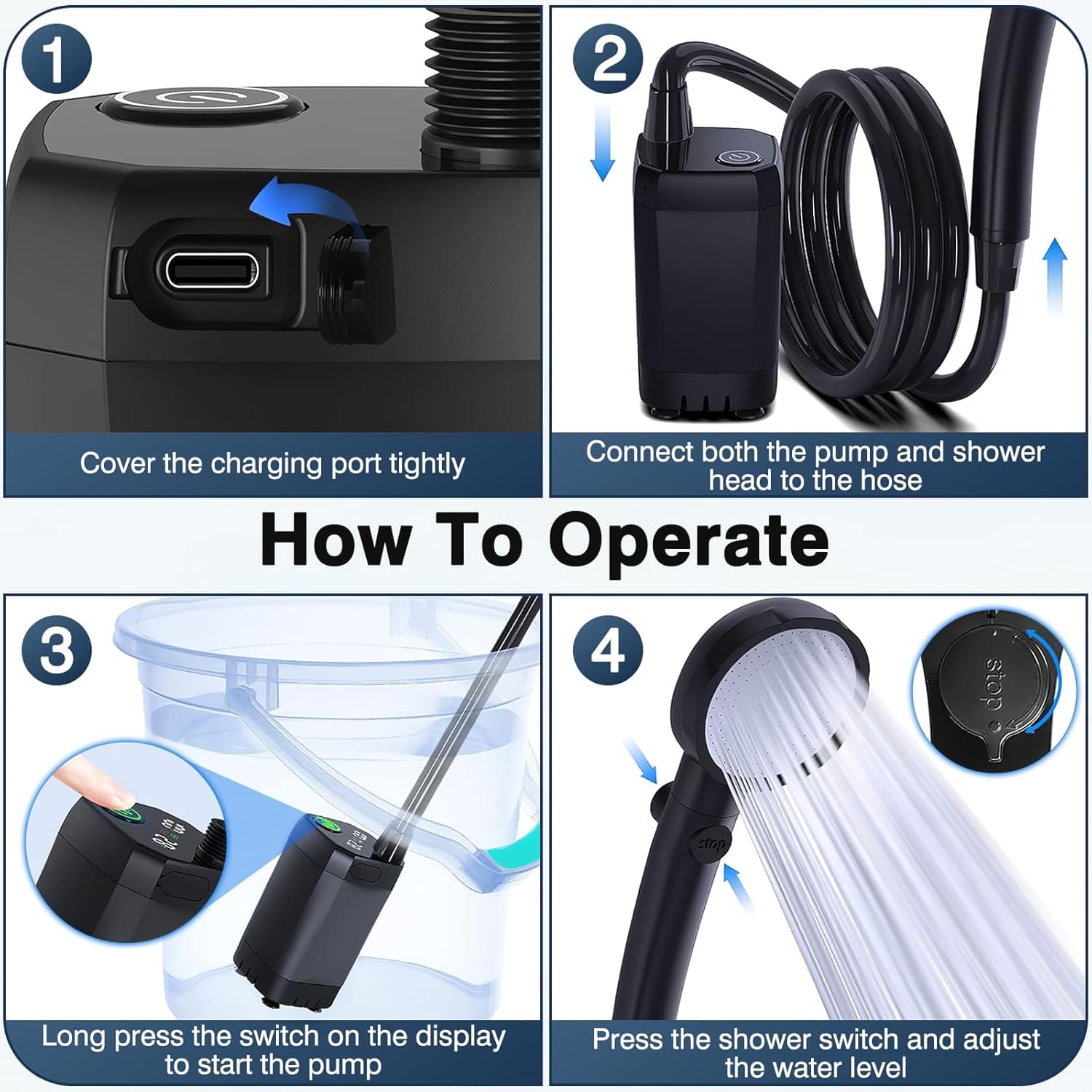 دوش قابل حمل Ponicozy Portable Camping Shower – پمپ برقی قابل شارژ با ظرفیت 6000 میلی‌آمپر ساعت، دارای نمایشگر دیجیتال هوشمند و سری دوش، مناسب برای کمپینگ، پیاده‌روی، سفر با RV و شستشوی حیوانات خانگی. 851