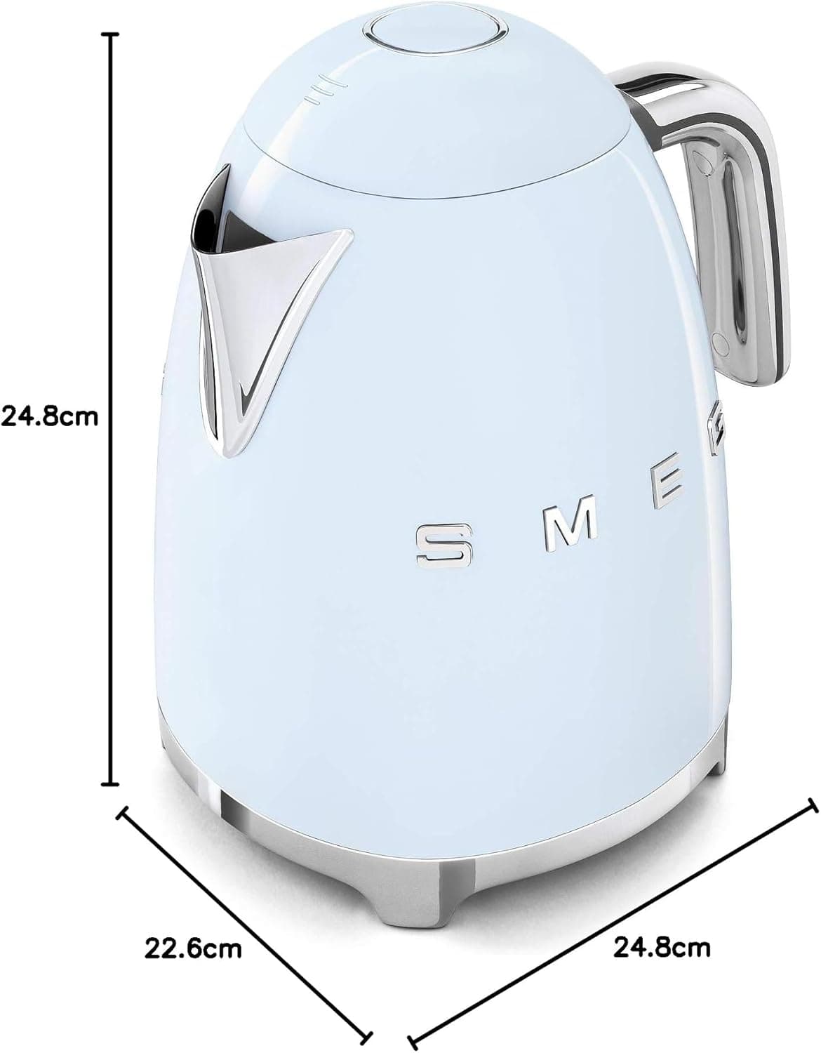 Smeg KLF03PBUK Kettle – سبک رترو دهه ۵۰، ظرفیت ۱.۷ لیتر، دارای نمایشگر سطح آب، پایه چرخشی ۳۶۰ درجه، پایه ضد لغزش، درب با باز شدن نرم، جنس استیل ضد زنگ، رنگ آبی پاستلی، با ۱ سال گارانتی. 897