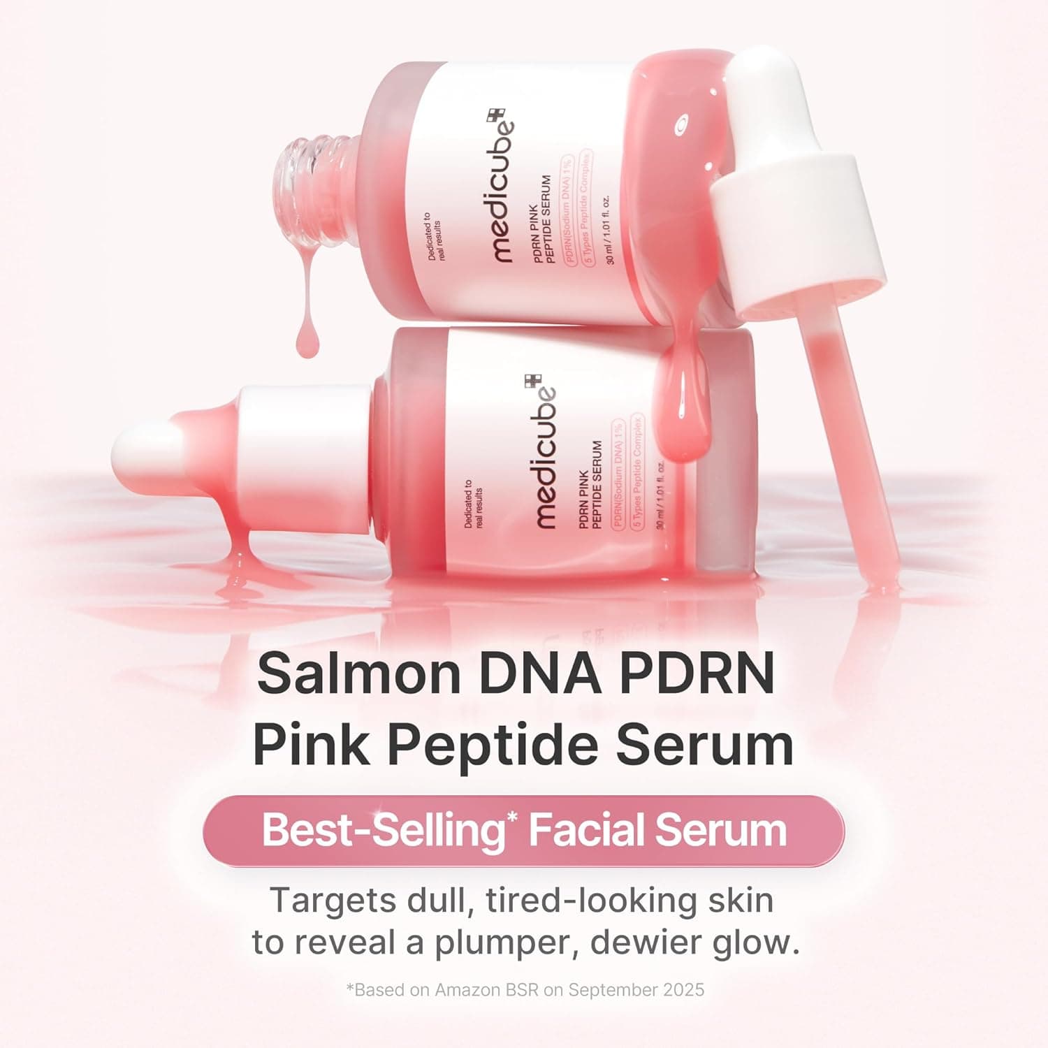 سرم medicube Salmon DNA PDRN Pink Peptide – سرم درخشش صورتی با پپتید، نیاцинامید و فرمول آبرسان، مرطوبکننده و سفتکننده پوست. مناسب برای یکنواختسازی رنگ پوست. محصول مراقبت پوستی کرهای. حجم 1.01 اونس (مدل Salmon DNA PDRN).