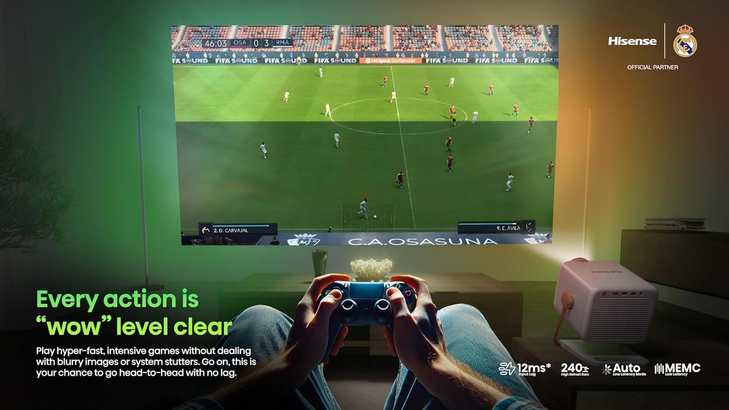 ویدئو پروژکتور لیزری هوشمند Mini 4K Hisense M2 Madrid قابل حمل، اندازه تصویر 65"-200" (اینچ)، با فناوری TriChroma، روشنایی 1300 Lumens با HDR، نرخ تازهسازی HSR 240Hz، پشتیبانی از Dolby Vision و Alexa داخلی (مدل 2025) M2 Madrid Portable 1254