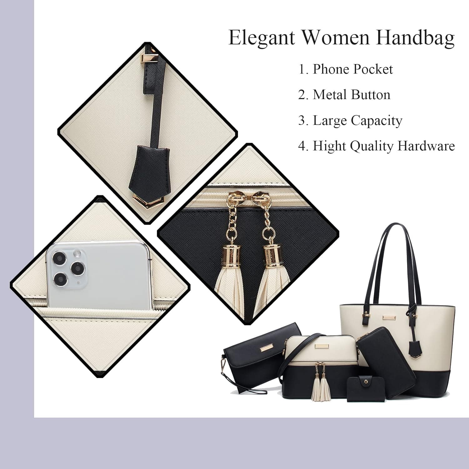 کیفهای دستی YNIQUE Satchel و کیفهای زنانه برای شانه، کیفهای Tote و کیف پول 4-1 مشکی سفید 220