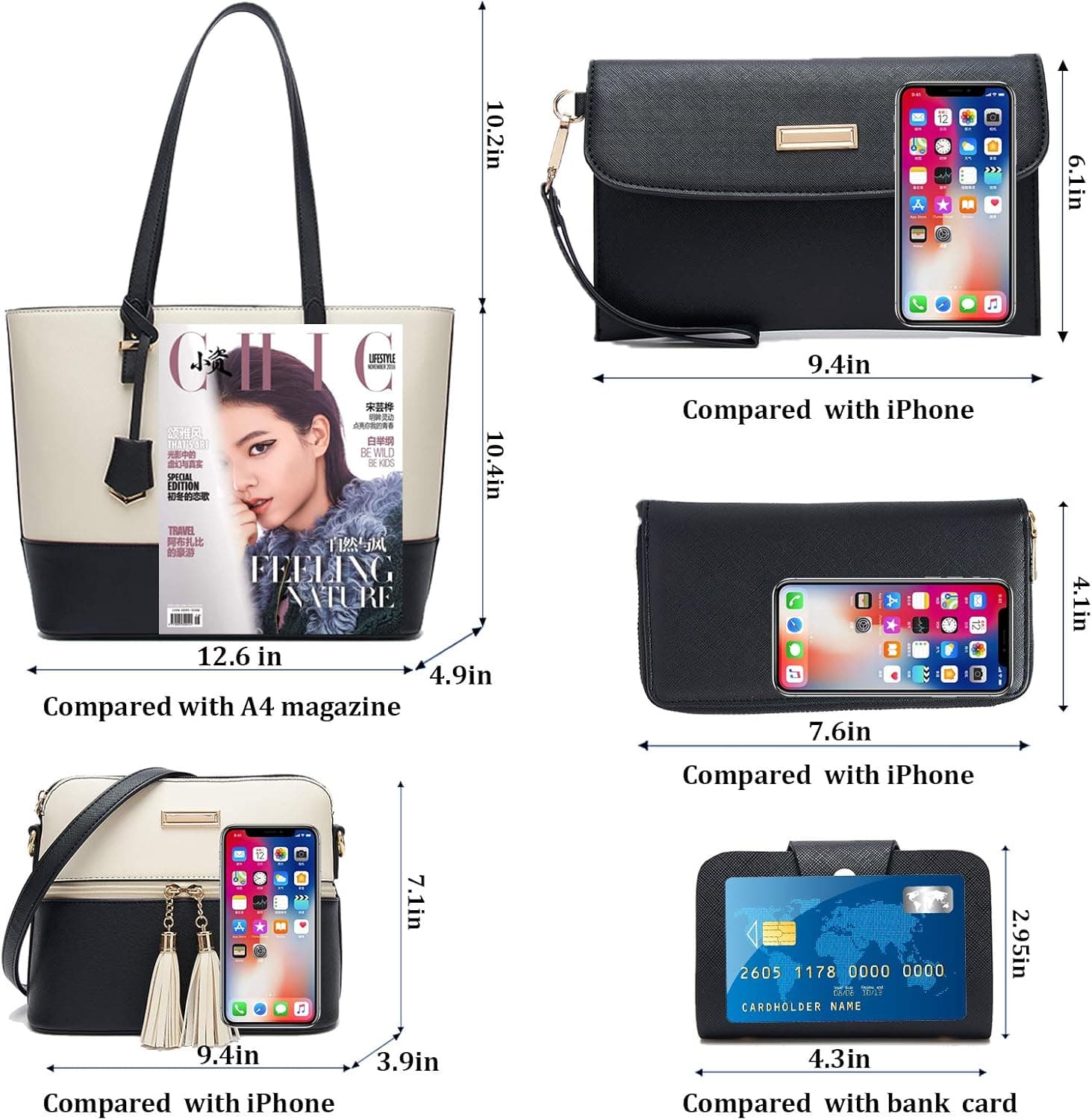 کیفهای دستی YNIQUE Satchel و کیفهای زنانه برای شانه، کیفهای Tote و کیف پول 4-1 مشکی سفید 218