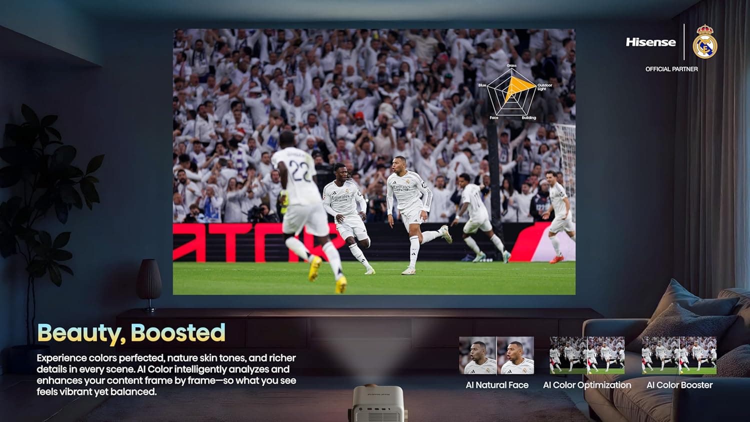 ویدئو پروژکتور لیزری هوشمند Mini 4K Hisense M2 Madrid قابل حمل، اندازه تصویر 65"-200" (اینچ)، با فناوری TriChroma، روشنایی 1300 Lumens با HDR، نرخ تازهسازی HSR 240Hz، پشتیبانی از Dolby Vision و Alexa داخلی (مدل 2025) M2 Madrid Portable 1255