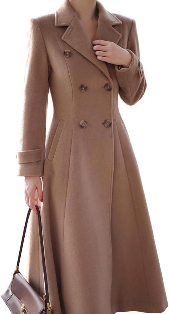 کت زمستانی زنانه Mywinway – از جنس پشم بلند (Long Wool)، مناسب پاییز و زمستان، مدل دوبل سینه (Double Breasted Peacoat)، سبک ماکسی و ترنچ کت مد روز (Maxi Trendy Trench Coat).