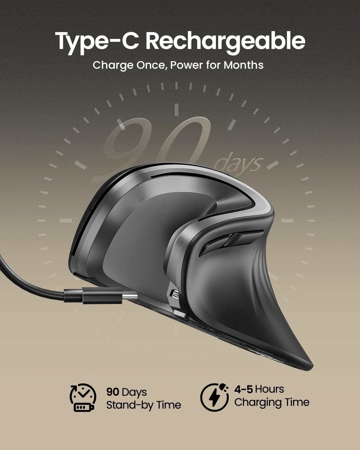 ماوس عمودی ارگونومیک ProtoArc، مدل EM11 NL، ماوس بیسیم قابل شارژ Bluetooth، ماوس ارگو با قابلیت اتصال به ۳ دستگاه برای PC/Notebook/Laptop، ماوس اپتیکال 2.4GHz برای Windows و Mac OS، رنگ خاکستری 1753