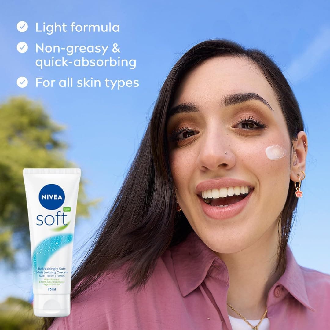 کرم مرطوبکننده NIVEA Soft، کرم مرطوبکننده برای صورت، بدن و دستها با ویتامین E و روغن Jojoba، کرم دست با رطوبترسانی عمیق، کرم روز همهکاره در تیوپ، ۷۵ میلیلیتر، ۱ عدد (بسته ۱ عددی) 2337