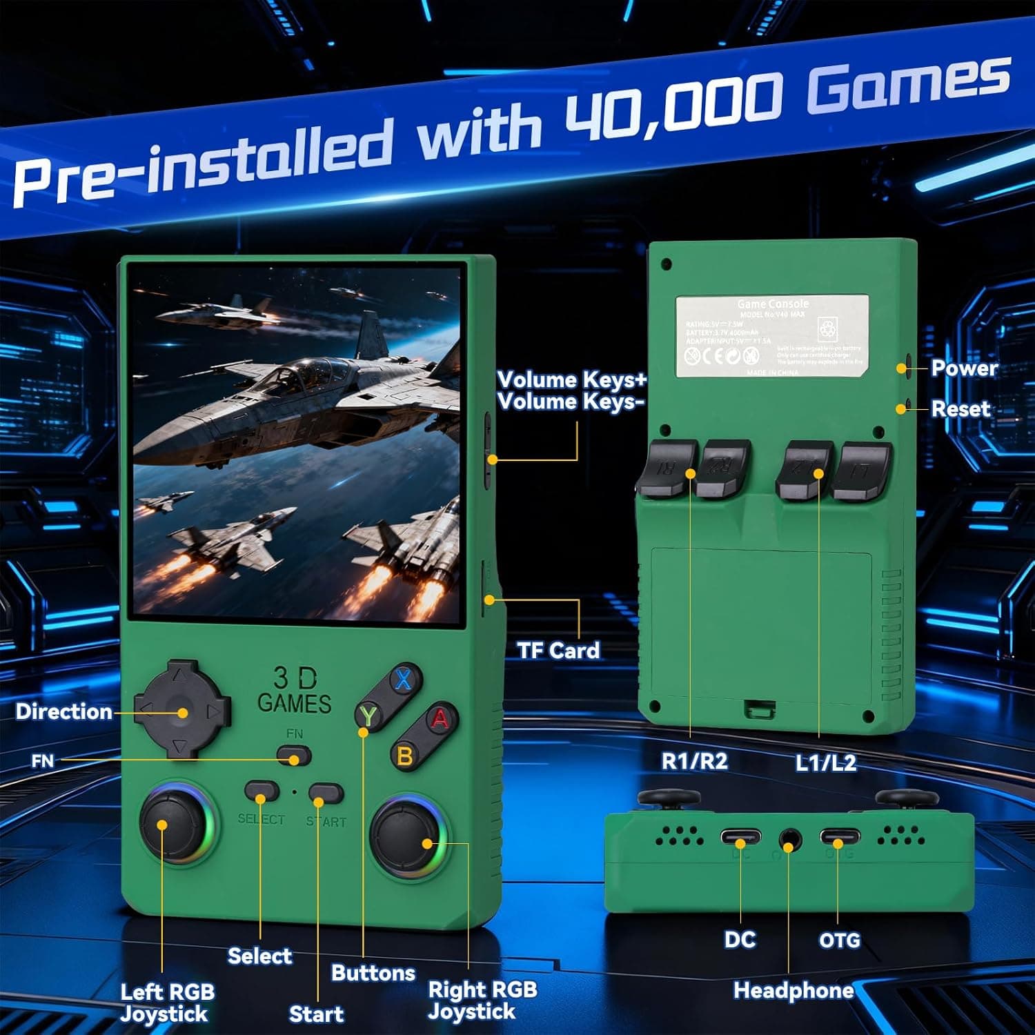 کنسول بازی دستی 2025 ارتقایافته V40 Max، صفحهنمایش IPS چهار اینچی، 40000 بازی از پیش نصبشده، فضای ذخیرهسازی 256GB، باتری 4000mAh، دستگاه بازی قابل حمل رترو (سبز) 2889