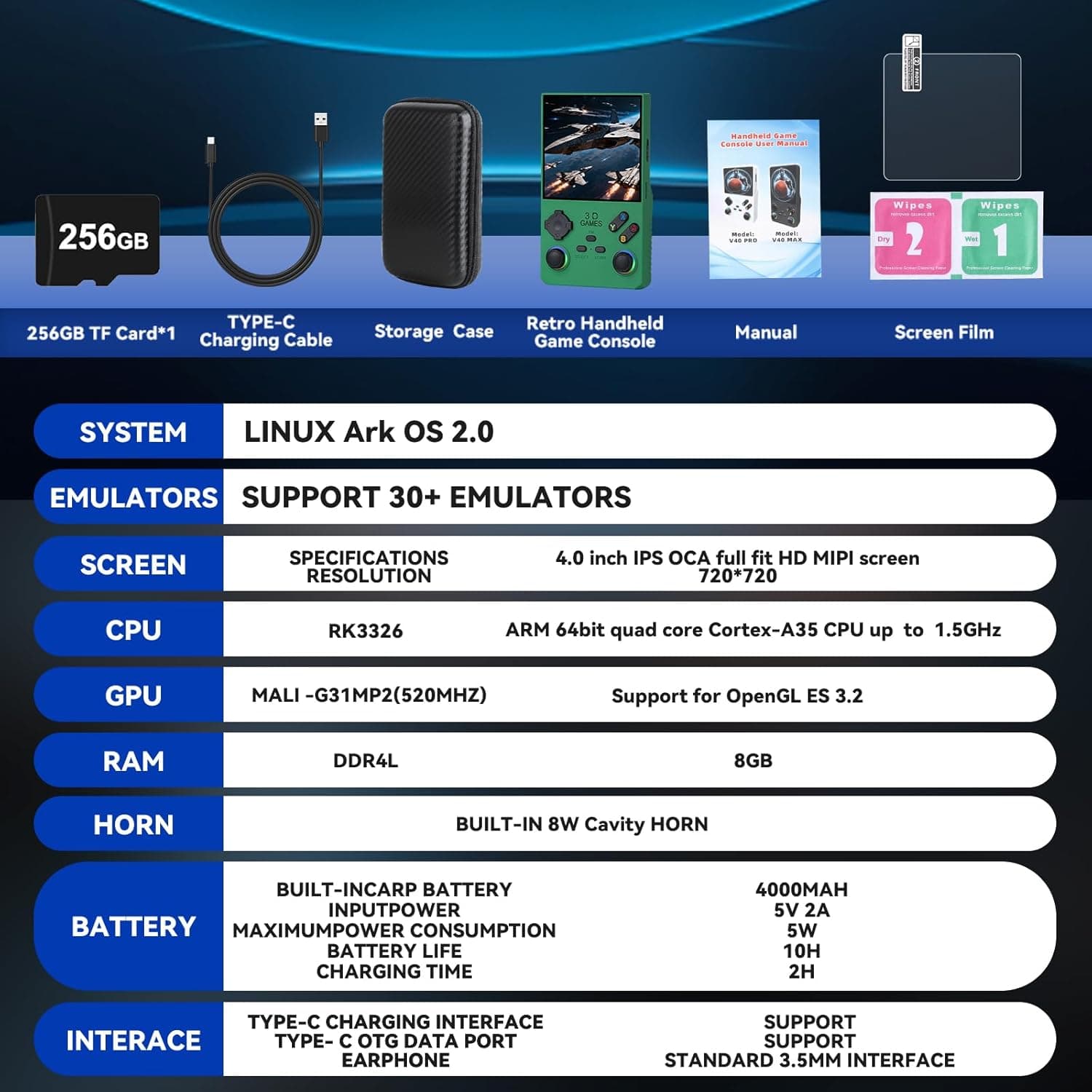 کنسول بازی دستی 2025 ارتقایافته V40 Max، صفحهنمایش IPS چهار اینچی، 40000 بازی از پیش نصبشده، فضای ذخیرهسازی 256GB، باتری 4000mAh، دستگاه بازی قابل حمل رترو (سبز) 2890