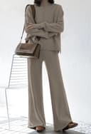 ست دو تکه زنانه Meenew، سویشرت بافتنی آستین بلند و شلوار پاچهگشاد، ست لباس راحتی، سایز L، رنگ خاکی 2934