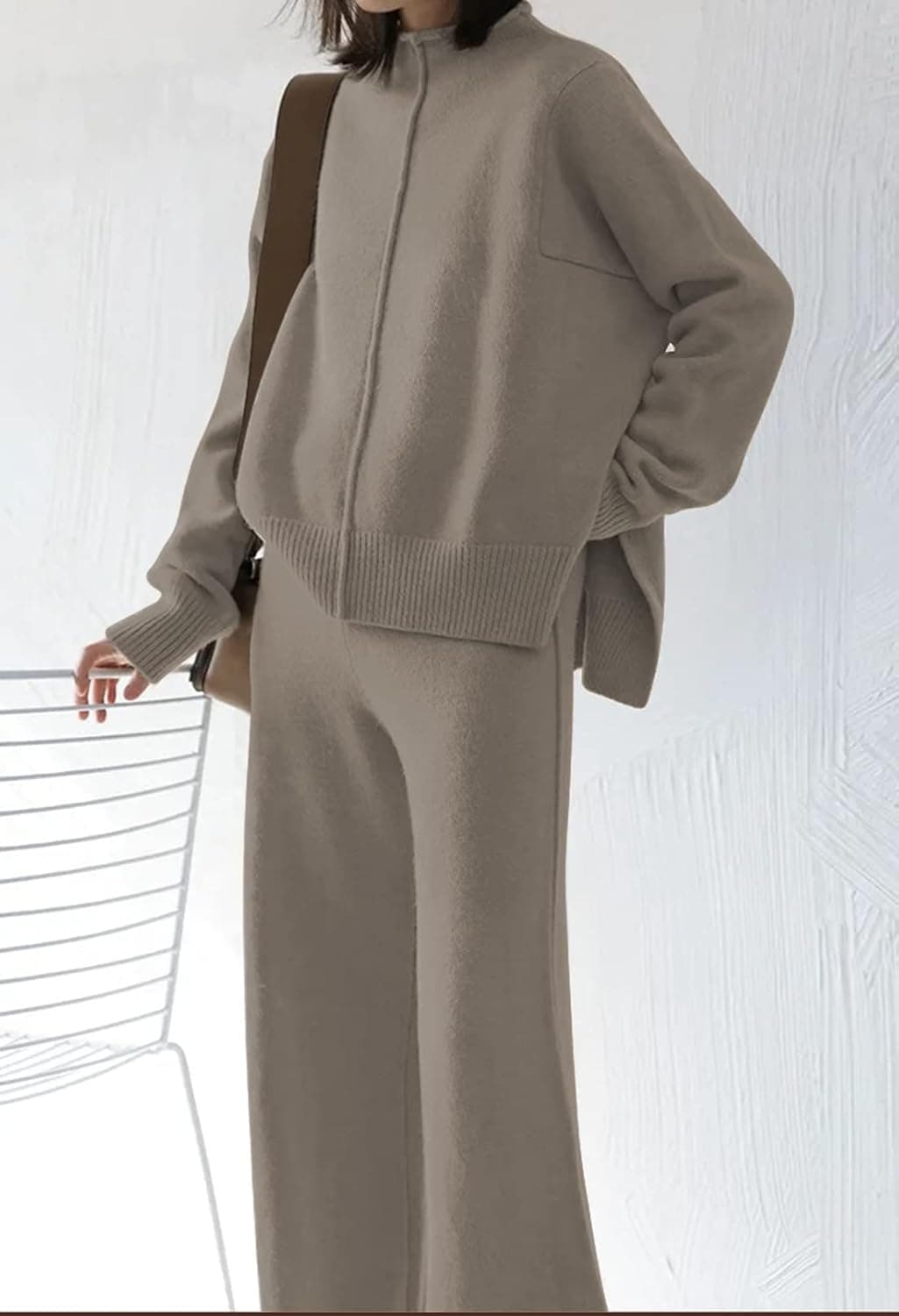 ست دو تکه زنانه Meenew، سویشرت بافتنی آستین بلند و شلوار پاچهگشاد، ست لباس راحتی، سایز L، رنگ خاکی 2935