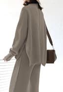 ست دو تکه زنانه Meenew، سویشرت بافتنی آستین بلند و شلوار پاچهگشاد، ست لباس راحتی، سایز L، رنگ خاکی 2936