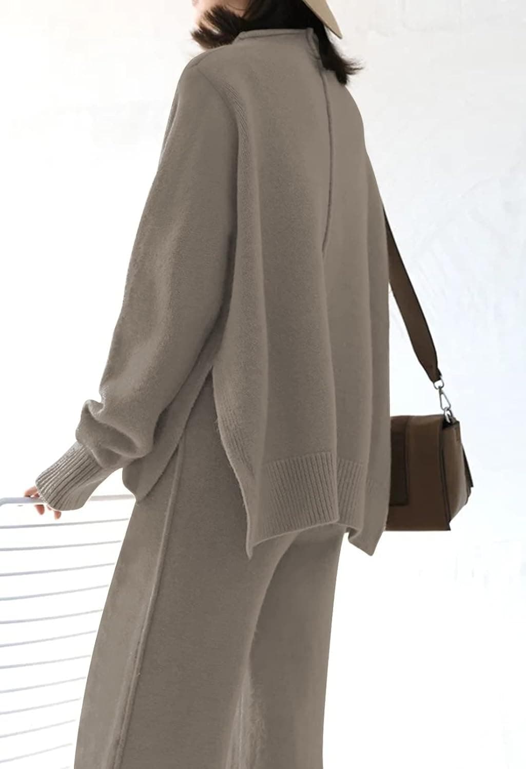 ست دو تکه زنانه Meenew، سویشرت بافتنی آستین بلند و شلوار پاچهگشاد، ست لباس راحتی، سایز L، رنگ خاکی 2936