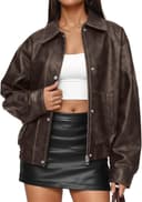 کت چرمی زنانه اورسایز Trendy Queen مدل موتورسواری بمبر پاییزه زمستانی 2025 قهوهای سایز L 3045