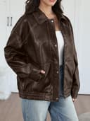 کت چرمی زنانه اورسایز Trendy Queen مدل موتورسواری بمبر پاییزه زمستانی 2025 قهوهای سایز L 3047