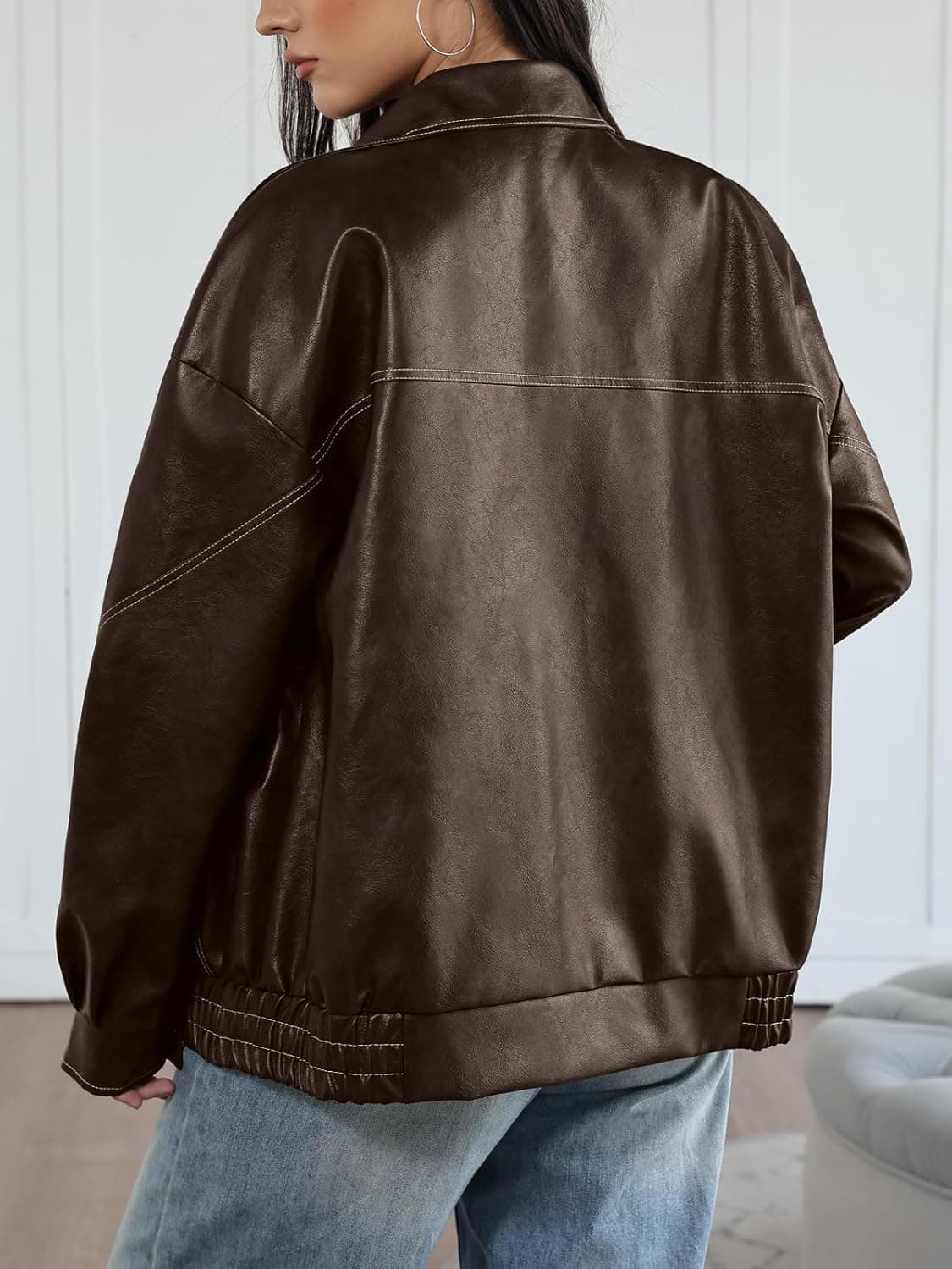 کت چرمی زنانه اورسایز Trendy Queen مدل موتورسواری بمبر پاییزه زمستانی 2025 قهوهای سایز L 3048