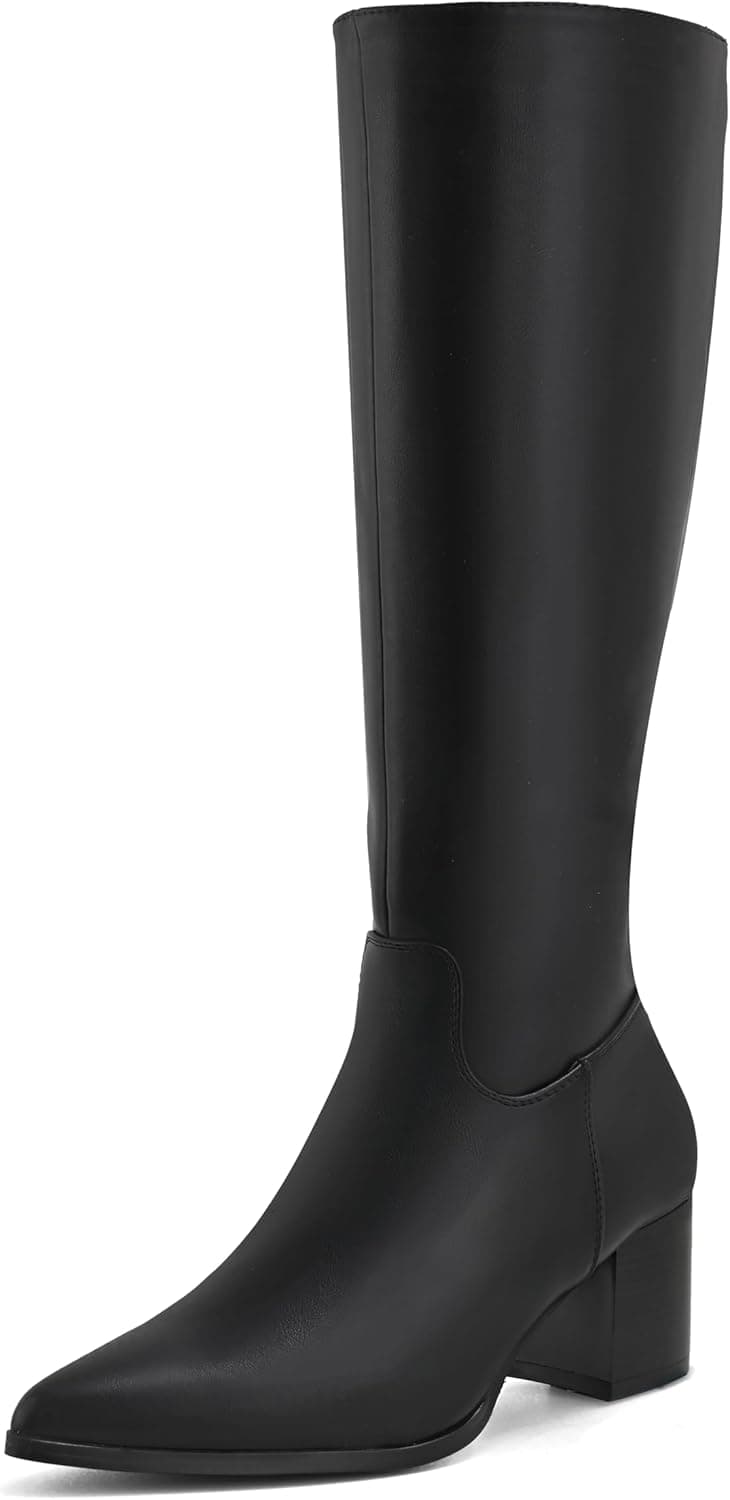 چکمههای تا زانو زنانه Shoe'N Tale با نوک تیز، چکمههای بلند با پاشنه میانی پهن و بلوکی، زیپ کناری، سایز 40 EU، رنگ مشکی Pu 3106