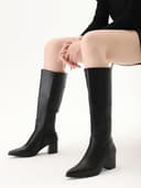 چکمههای تا زانو زنانه Shoe'N Tale با نوک تیز، چکمههای بلند با پاشنه میانی پهن و بلوکی، زیپ کناری، سایز 40 EU، رنگ مشکی Pu 3108