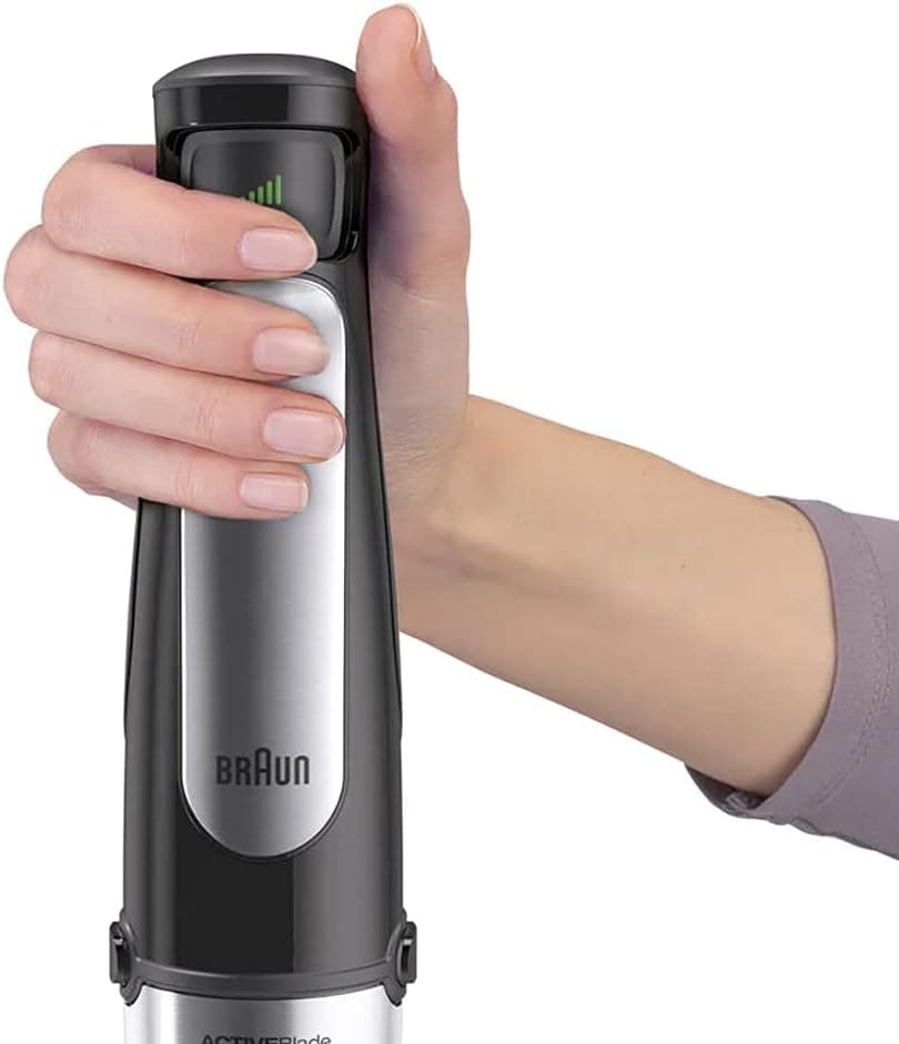 گوشتکوب برقی Braun مدل MultiQuick 7 با توان 1000 وات به همراه لیوان 600 میلیلیتری بدون BPA، غذاساز 1.5 لیتری، خردکن 350 میلیلیتری، پورهساز/لهکن، همزن، فناوری Easy SmartSpeed، SplashControl و PowerBell Plus مدل MQ 7087X مشکی 13 در 1 3134