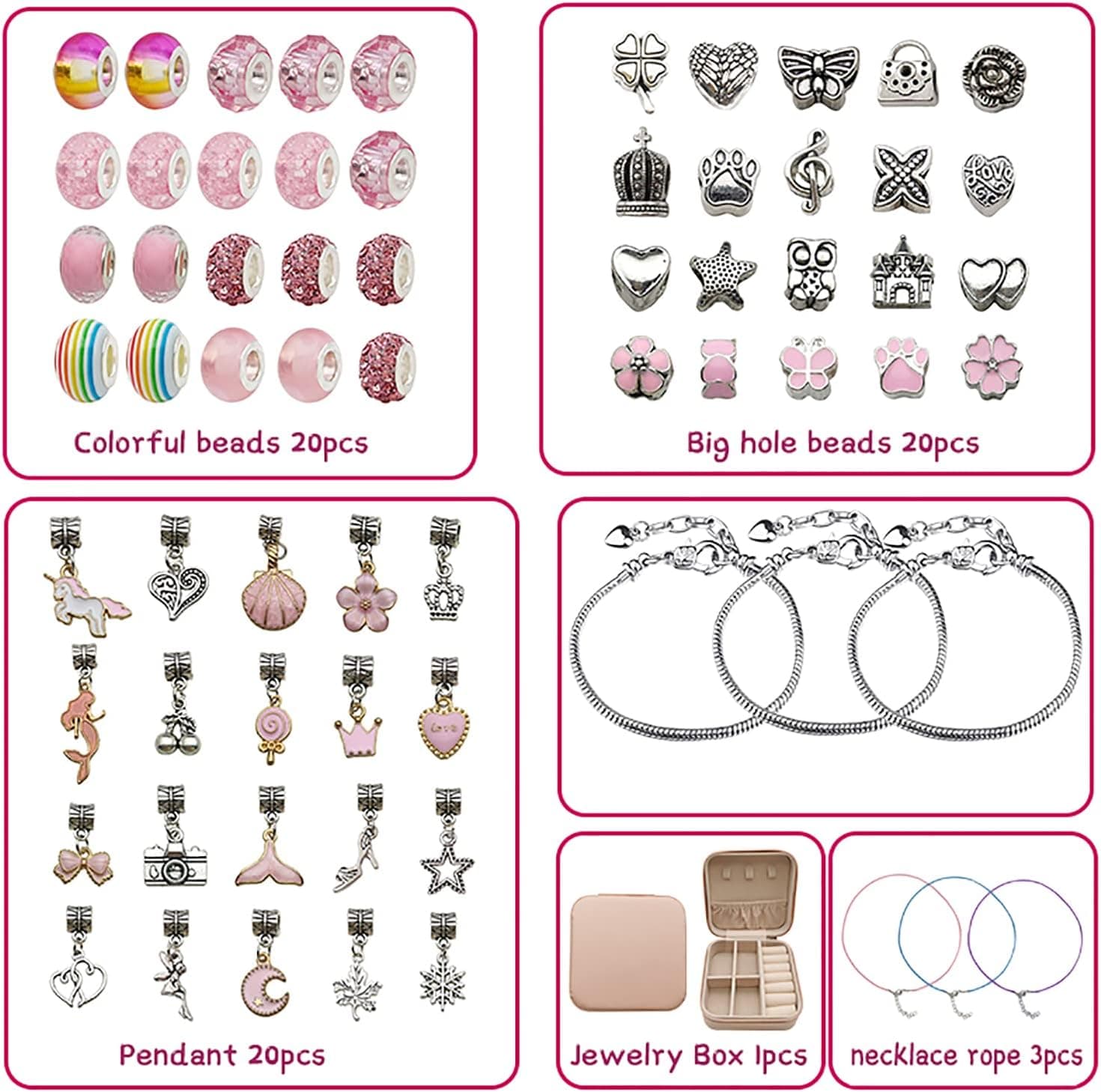 کیت ساخت دستبند Beauenty برای دختران، کیت ۶۸ عددی Charm Bracelets همراه با جعبه جواهرات، آویزهای جواهرات، دستبندها برای کاردستی DIY، هدیه دستبند برای بزرگسالان و کودکان، هدیه برای دختران ۳ تا ۱۲ ساله (صورتی) 3350