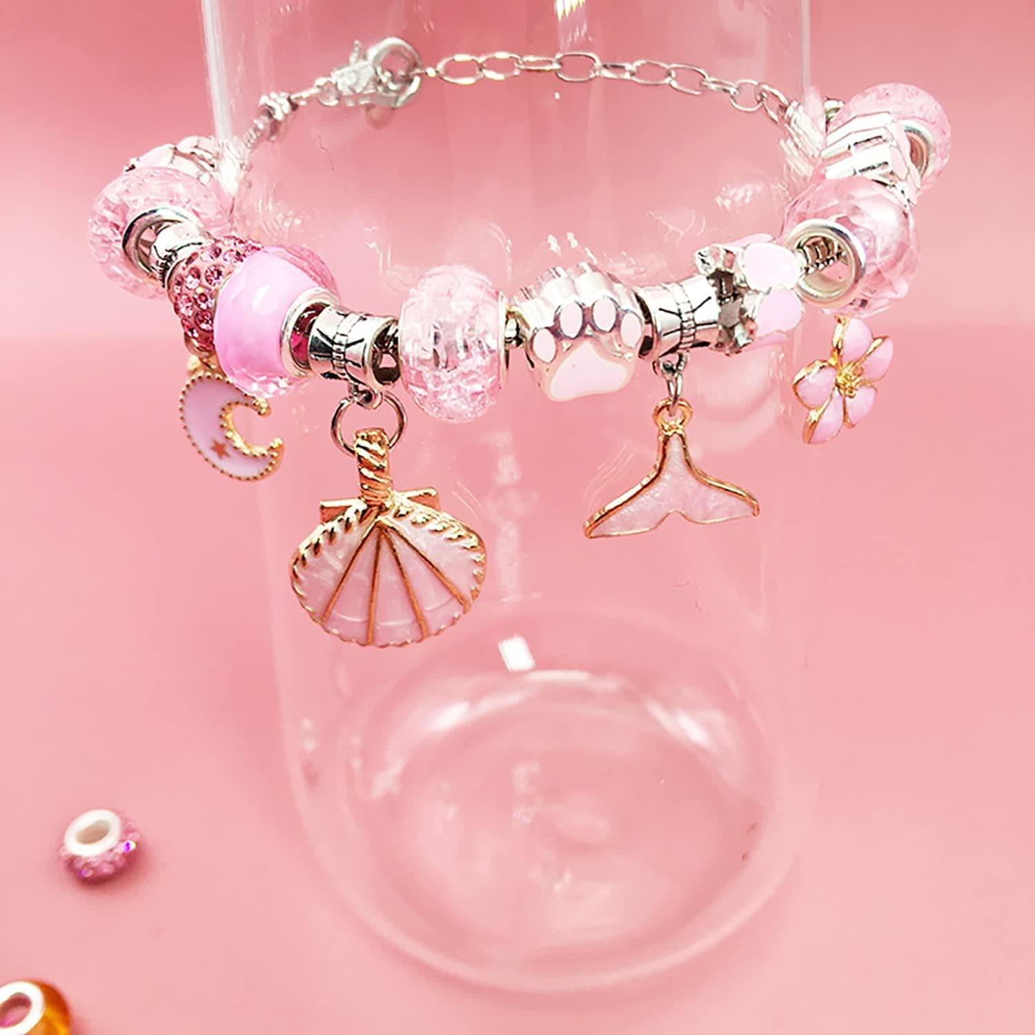 کیت ساخت دستبند Beauenty برای دختران، کیت ۶۸ عددی Charm Bracelets همراه با جعبه جواهرات، آویزهای جواهرات، دستبندها برای کاردستی DIY، هدیه دستبند برای بزرگسالان و کودکان، هدیه برای دختران ۳ تا ۱۲ ساله (صورتی) 3353