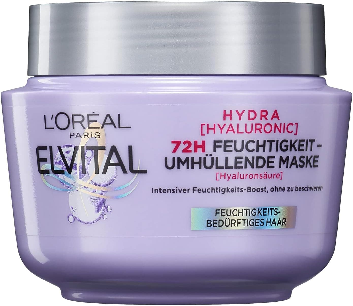 ماسک مو L'Oréal Paris Elvital Moisturising – مناسب برای موهای درخشان، درمان عمیق با Hyaluronic Acid برای افزایش رطوبت، سری Hydra Hyaluronic، حجم ۳۰۰ میلیلیتر.