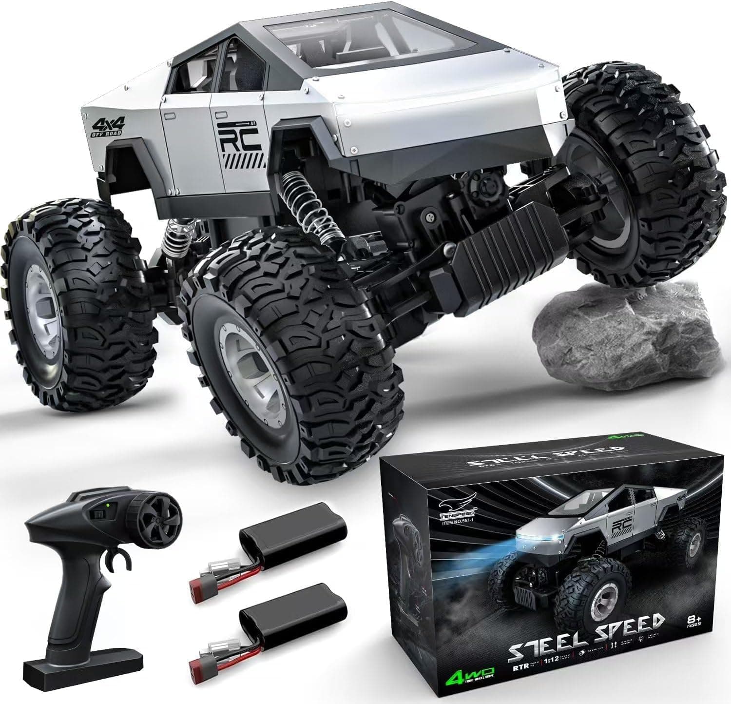 کامیون RC جدید 2025 مقیاس 1:16 | خودروی کنترل از راه دور 4WD همهجارو آفرود | دو موتور | چراغهای جلو LED | ضدآب | 2.4GHz RC Rock Crawler | اسباببازی برای کودکان و بزرگسالان - نقرهای نقرهای (1:16) 695