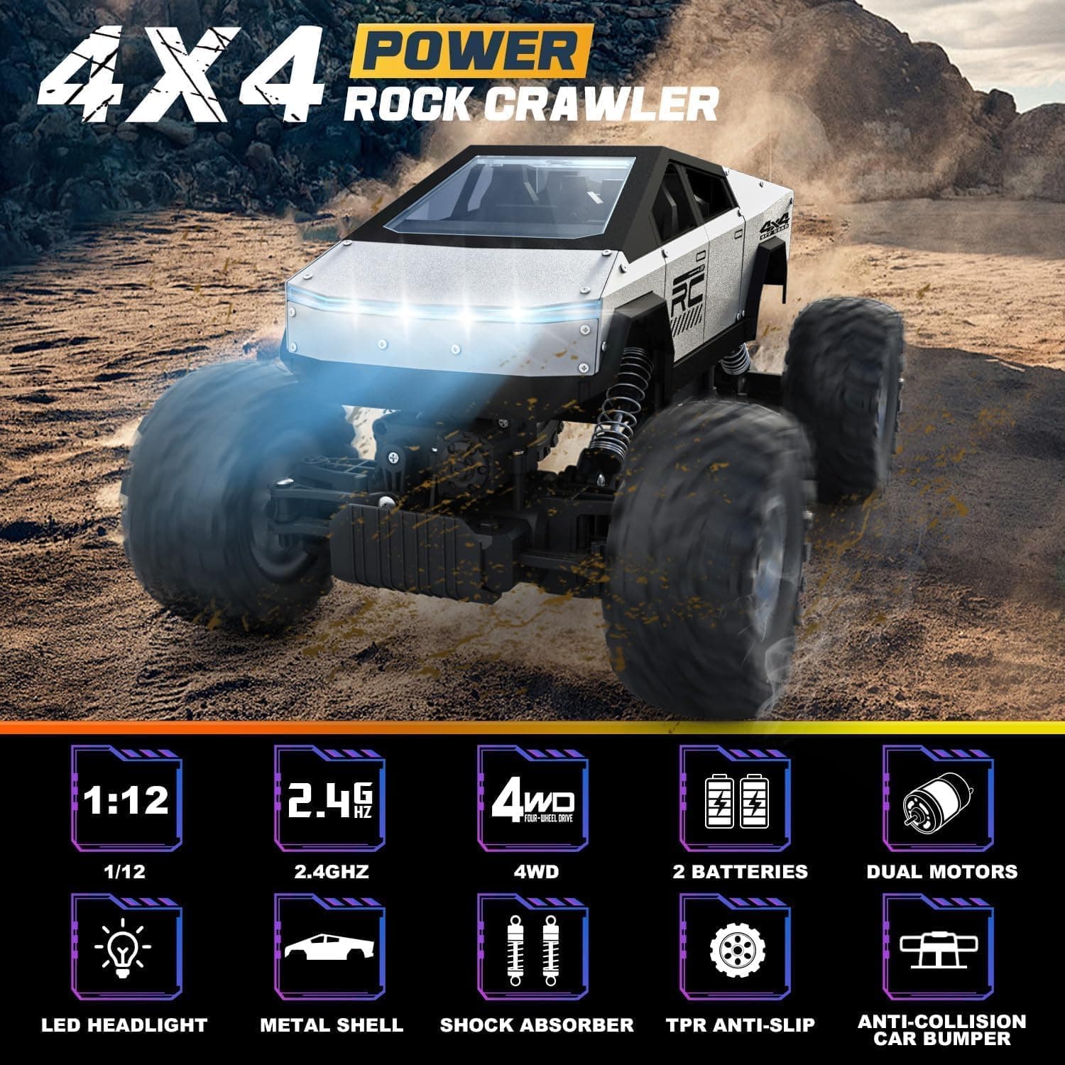 کامیون RC جدید 2025 مقیاس 1:16 | خودروی کنترل از راه دور 4WD همهجارو آفرود | دو موتور | چراغهای جلو LED | ضدآب | 2.4GHz RC Rock Crawler | اسباببازی برای کودکان و بزرگسالان - نقرهای نقرهای (1:16) 700