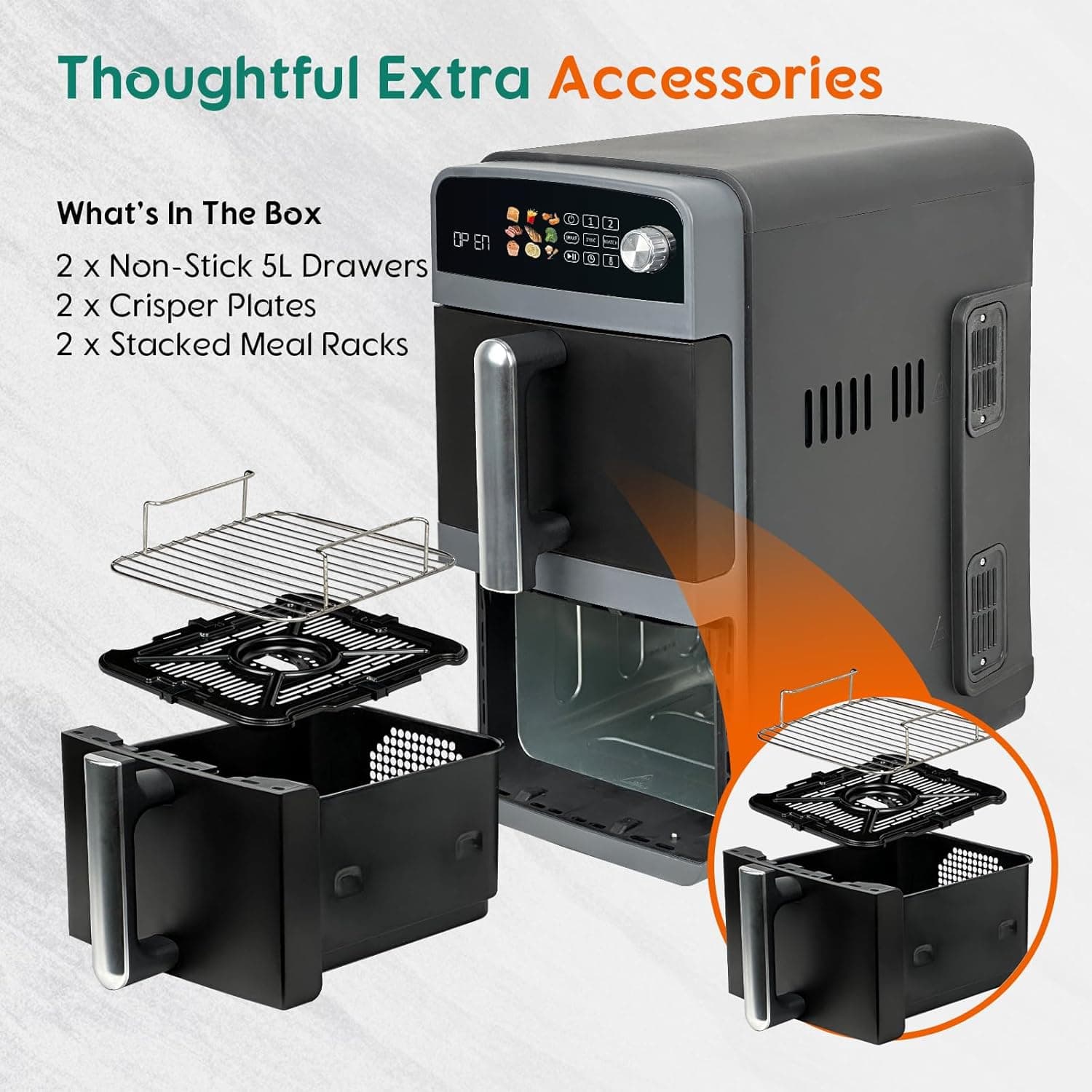 سرخکننده هوا ۱۰ لیتری دوطبقه، سرخکننده هوا دوگانه با سبد دوگانه و ۲ کشو ۲۴۰۰ وات، ۹ در ۱ با یادآور تکان دادن، کمجا و صرفهجو در فضا 712