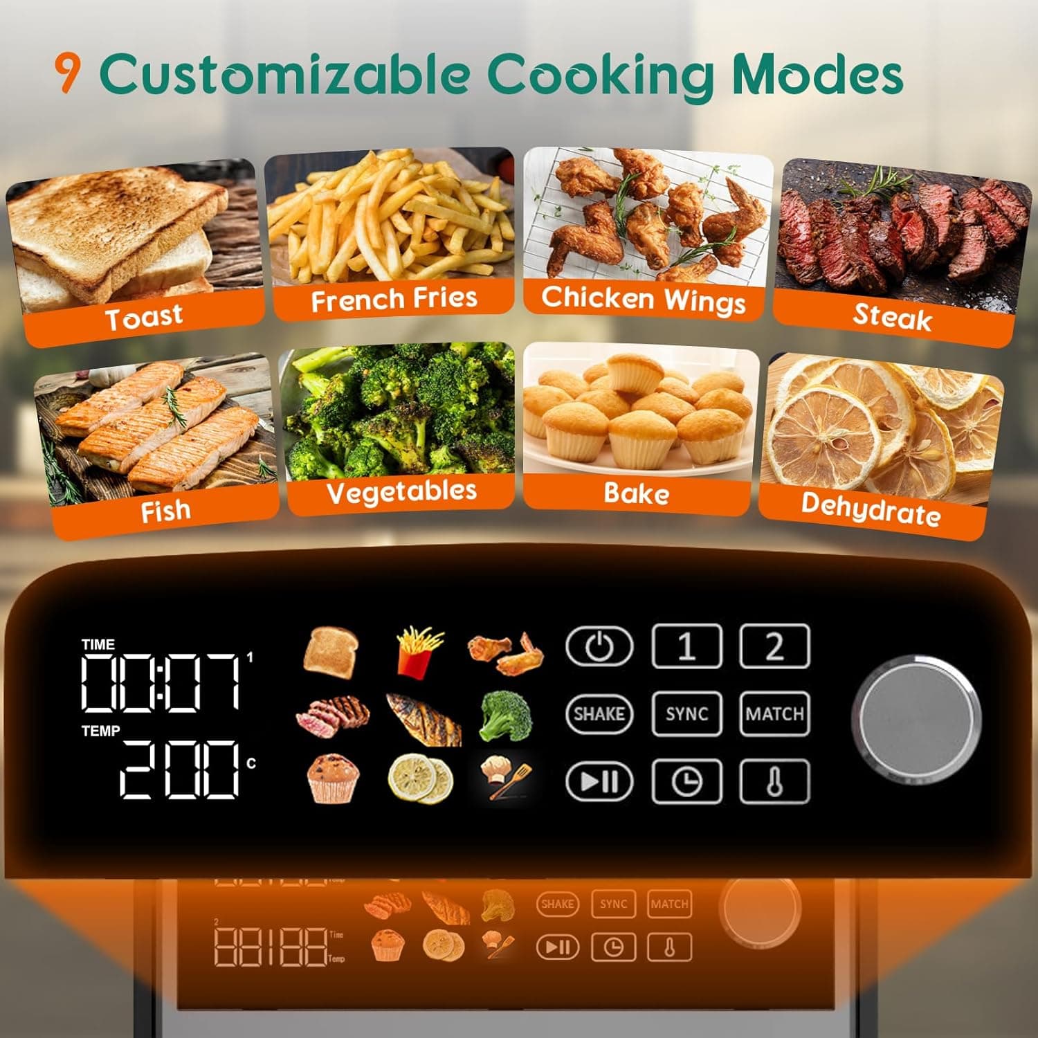 سرخکننده هوا ۱۰ لیتری دوطبقه، سرخکننده هوا دوگانه با سبد دوگانه و ۲ کشو ۲۴۰۰ وات، ۹ در ۱ با یادآور تکان دادن، کمجا و صرفهجو در فضا 713