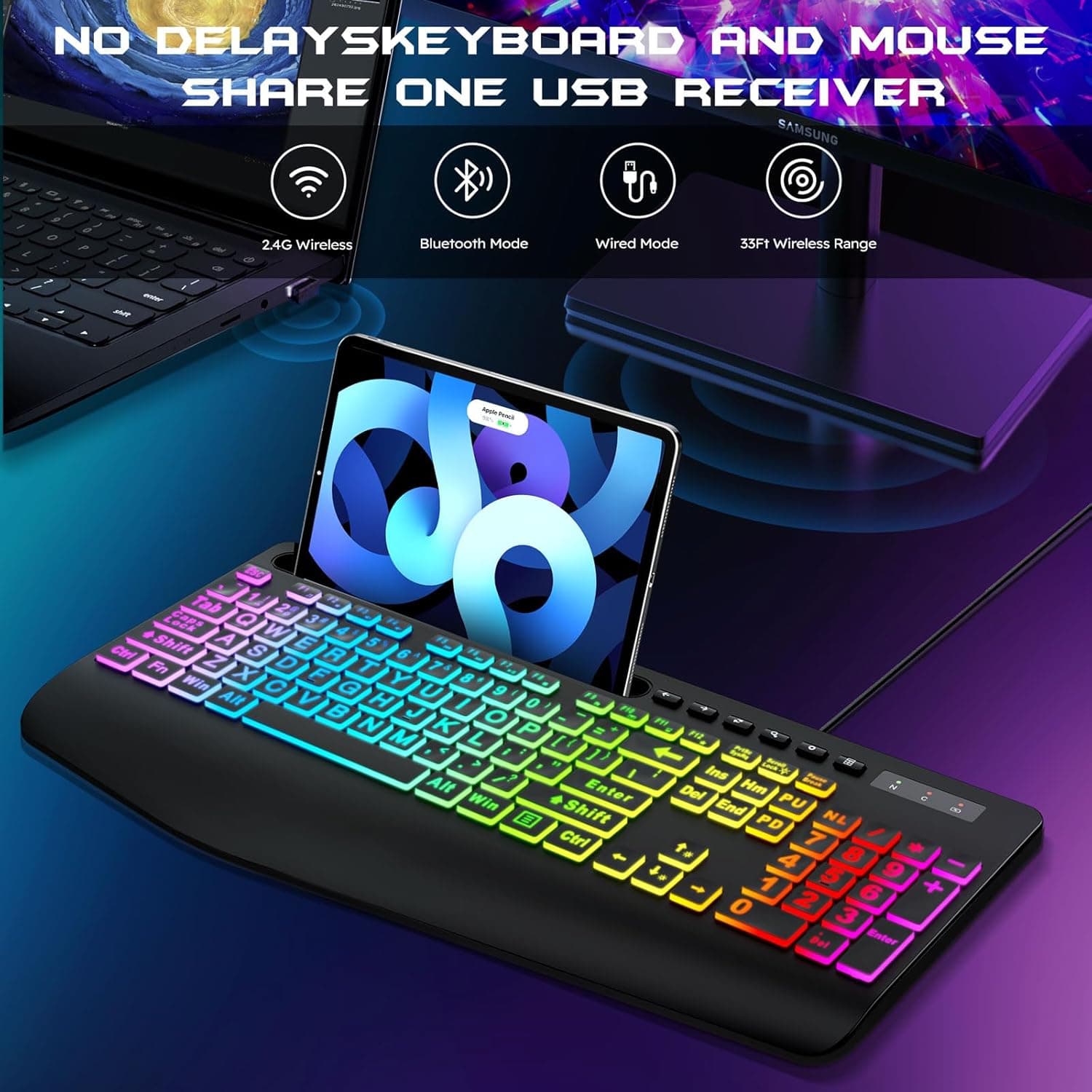 ست کیبورد و ماوس بیسیم Garlo – کیبورد غشایی بیصدا با حس مکانیکی، اندازه کامل (Full-Size) با اتصال Bluetooth، 2.4GHz و سیمی، دارای نور پسزمینه RGB و استراحتگاه ارگونومیک مچ دست، مناسب برای کامپیوتر، لپتاپ، Mac و PS5. 793