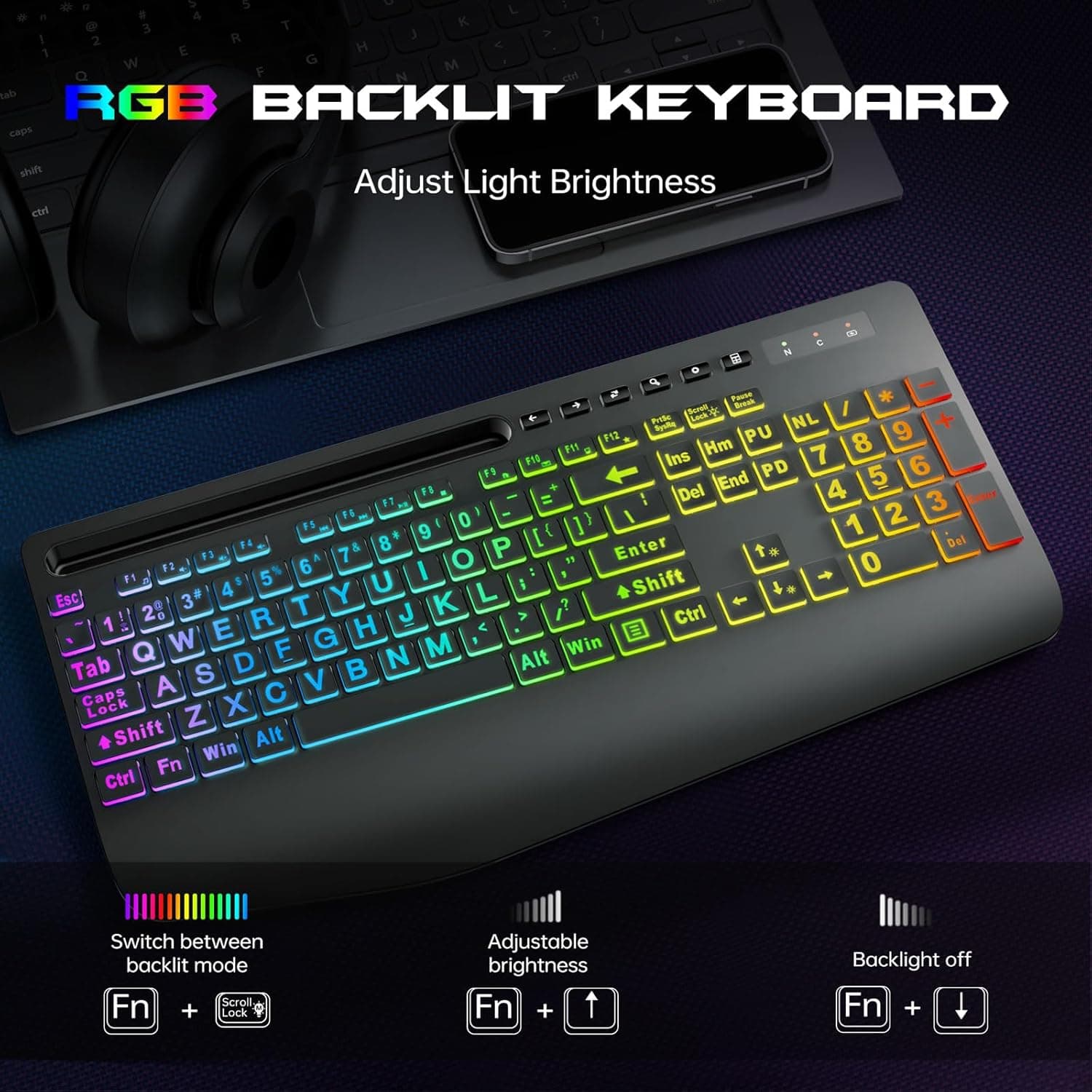 ست کیبورد و ماوس بیسیم Garlo – کیبورد غشایی بیصدا با حس مکانیکی، اندازه کامل (Full-Size) با اتصال Bluetooth، 2.4GHz و سیمی، دارای نور پسزمینه RGB و استراحتگاه ارگونومیک مچ دست، مناسب برای کامپیوتر، لپتاپ، Mac و PS5. 797