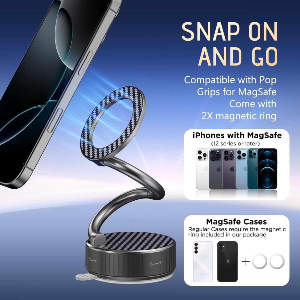 هولدر مغناطیسی گوشی برای خودرو – با پایه مکنده (Suction Cup) و قابلیت چرخش در زوایای بینهایت، پایه تاشو مناسب برای شیشه جلو، میز یا سطوح صاف، سازگار با تمام گوشیهای هوشمند.