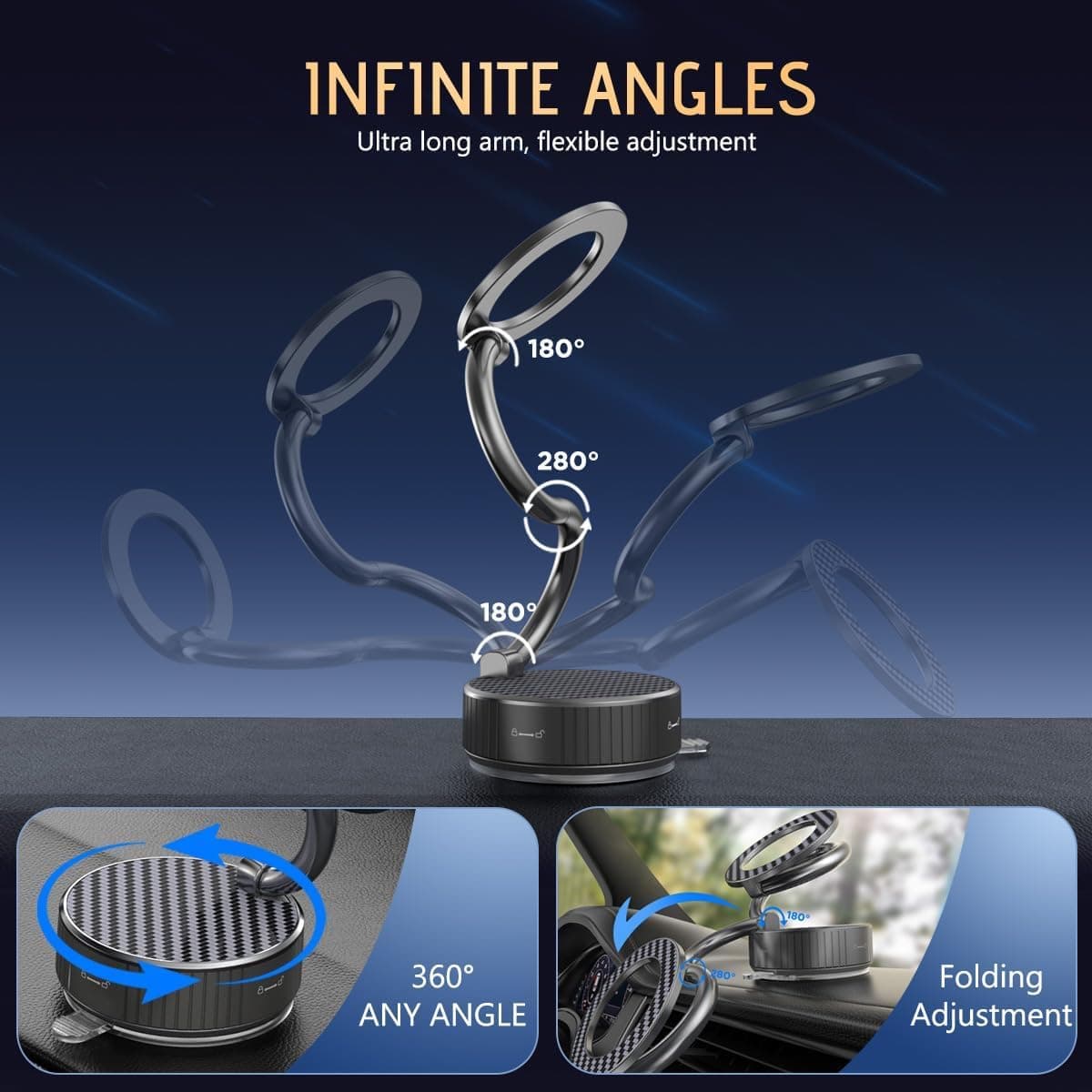هولدر مغناطیسی گوشی برای خودرو – با پایه مکنده (Suction Cup) و قابلیت چرخش در زوایای بینهایت، پایه تاشو مناسب برای شیشه جلو، میز یا سطوح صاف، سازگار با تمام گوشیهای هوشمند. 806