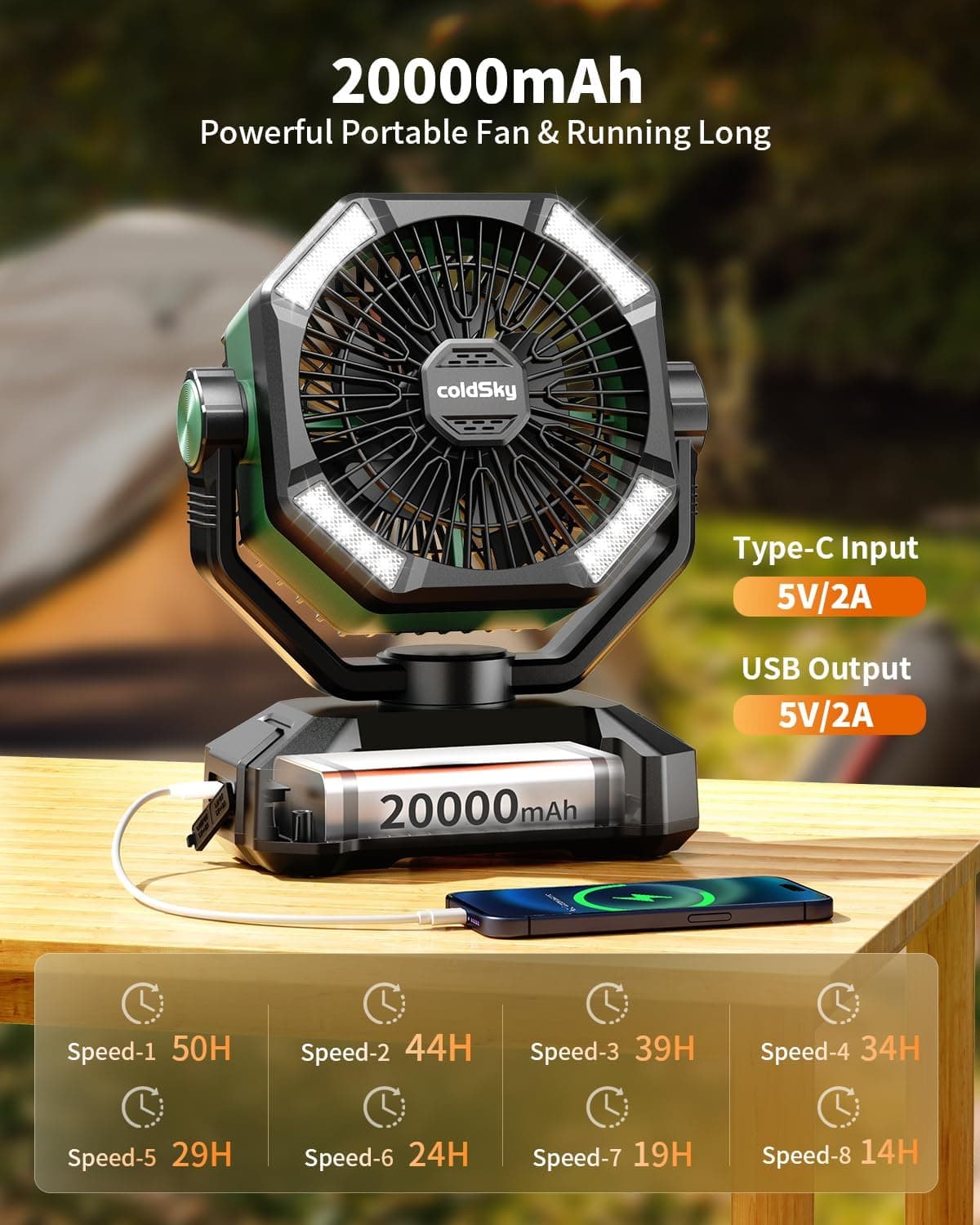 پنکه کمپینگ coldSky با ظرفیت باتری 20000 میلیآمپر ساعت – دارای دو موتور، چراغ LED چهارحالته، 8 سرعت مختلف و ریموت کنترل، قابلحمل و مناسب برای چادر، قطعی برق یا محل کار، همراه با قلاب آویز – رنگ سبز. 834