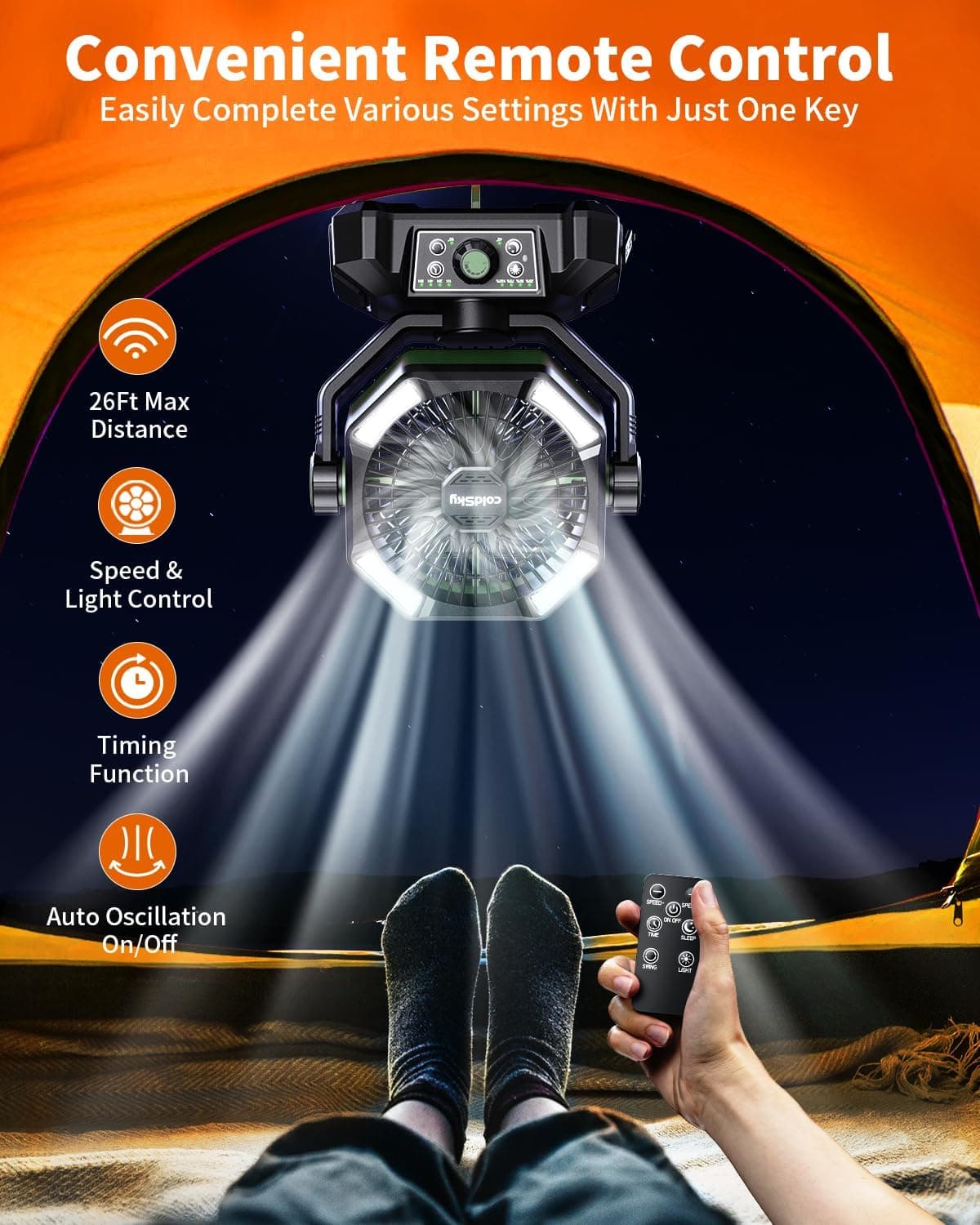 پنکه کمپینگ coldSky با ظرفیت باتری 20000 میلیآمپر ساعت – دارای دو موتور، چراغ LED چهارحالته، 8 سرعت مختلف و ریموت کنترل، قابلحمل و مناسب برای چادر، قطعی برق یا محل کار، همراه با قلاب آویز – رنگ سبز. 835