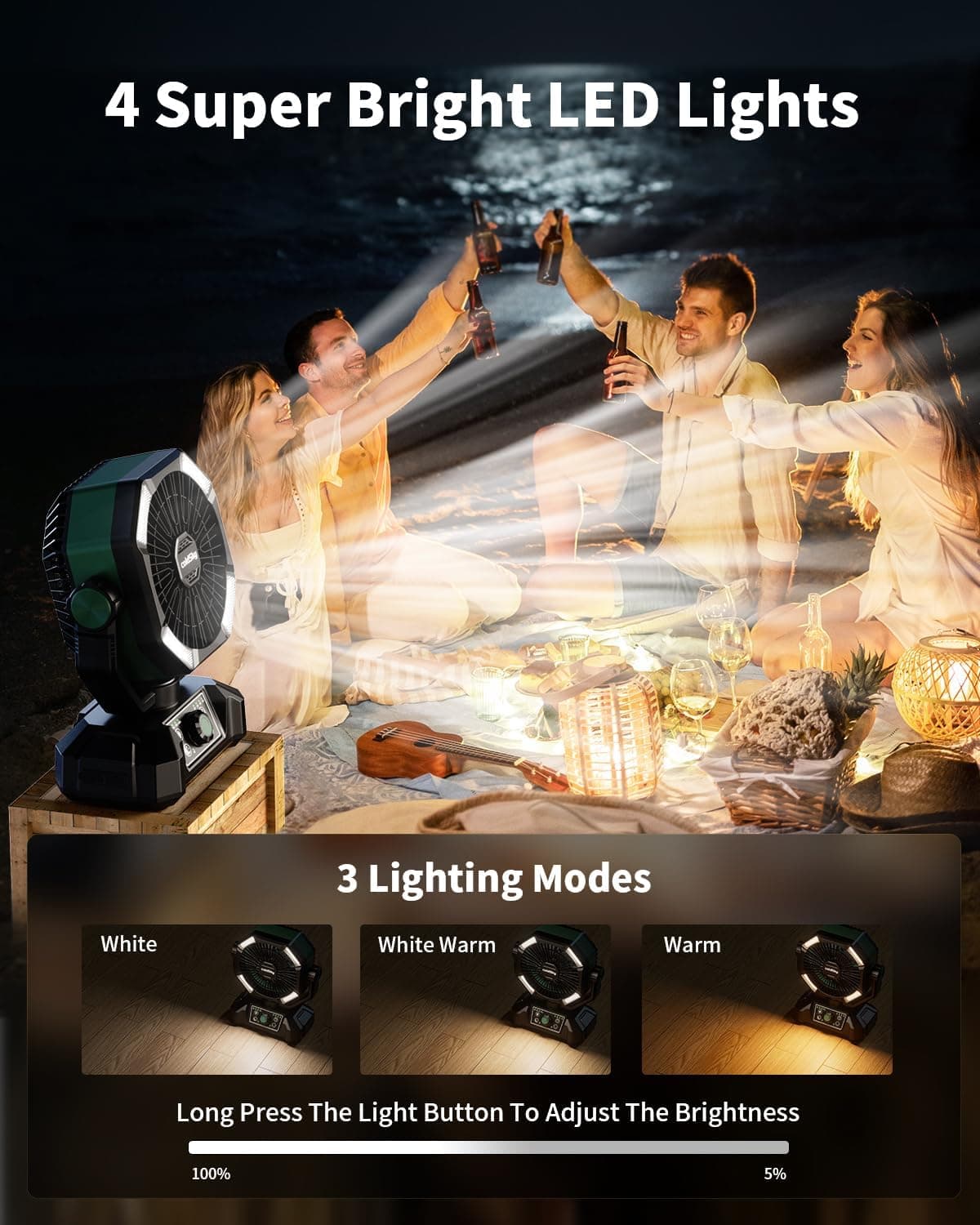 پنکه کمپینگ coldSky با ظرفیت باتری 20000 میلیآمپر ساعت – دارای دو موتور، چراغ LED چهارحالته، 8 سرعت مختلف و ریموت کنترل، قابلحمل و مناسب برای چادر، قطعی برق یا محل کار، همراه با قلاب آویز – رنگ سبز. 836