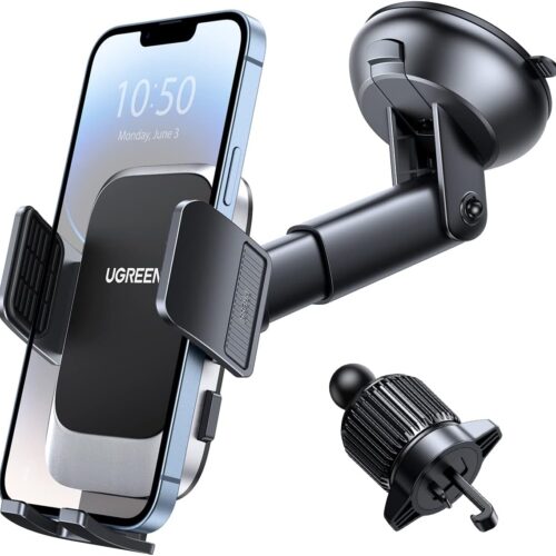 پایه نگهدارنده گوشی UGREEN برای خودرو – مدل ۴ در ۱ قابل نصب روی داشبورد، دریچه کولر و شیشه جلو، با قلاب فلزی مقاوم و مکانیزم رهاسازی با یک دکمه؛ مناسب گوشی‌های ۴.۷ تا ۷.۲ اینچ از جمله آیفون سری ۱۶/۱۵/۱۴ و سامسونگ S25/S24/S23؛ همراهی مطمئن و منعطف در رانندگی