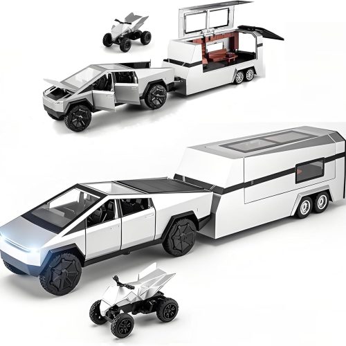 ماشین اسباب‌بازی LTLCLZ مدل Cybertruck همراه با خودروهای RV، موتور سیکلت و Cybertquad – ماکت فلزی با مقیاس ۱:۳۲، مجهز به صدا و نور