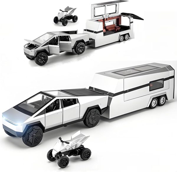 ماشین اسباب‌بازی LTLCLZ مدل Cybertruck همراه با خودروهای RV، موتور سیکلت و Cybertquad – ماکت فلزی با مقیاس ۱:۳۲، مجهز به صدا و نور